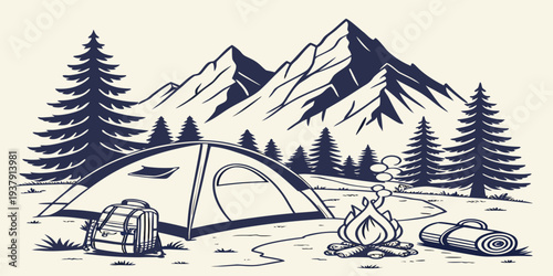 A serene mountain landscape with a campsite nestled among pine trees and a clear blue sky. Vector