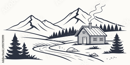 A serene winter landscape with a cozy cabin nestled among tall pine trees and snow-covered mountains. Vector