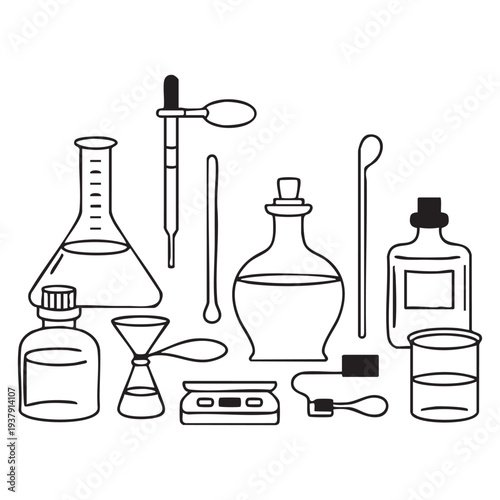 Black and white of laboratory glassware and tools beakers flasks