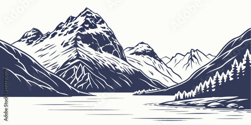 Majestic snow-capped mountains under a clear blue sky with a valley in between Vector