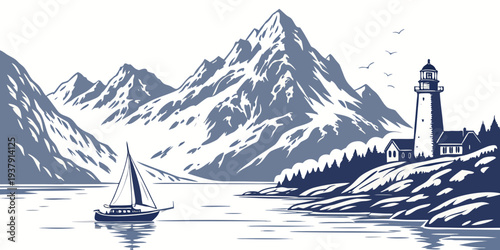 A majestic sailboat navigating through icy waters with towering mountains in the background Vector