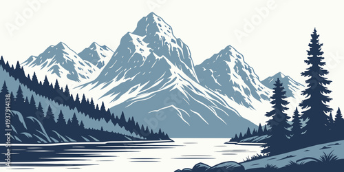 Majestic snow-capped mountains reflected in a serene alpine lake Vector