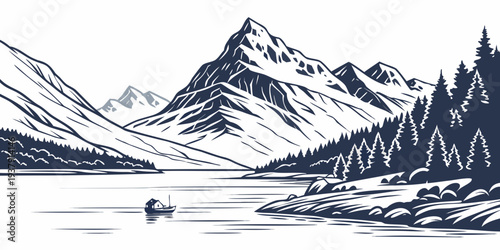 A majestic mountain range reflected in a serene alpine lake under a clear blue sky Vector