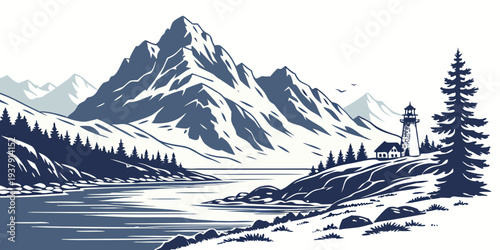 Majestic snow-covered mountain range with deep blue sky and serene lake Vector