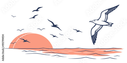 Birds flying over a serene sunset with a calm body of water below Vector