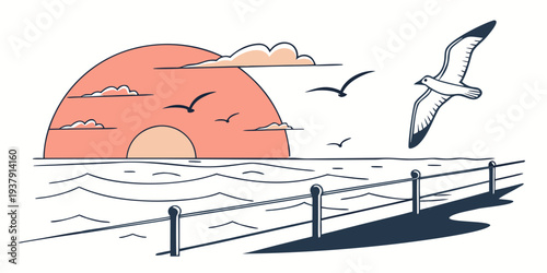 Birds flying over a serene lake at sunset with a wooden dock in the foreground Vector