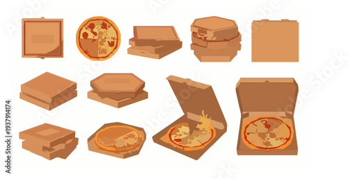 Pizza delivery cardboard box set with open and closed packaging vector illustration isolated on white