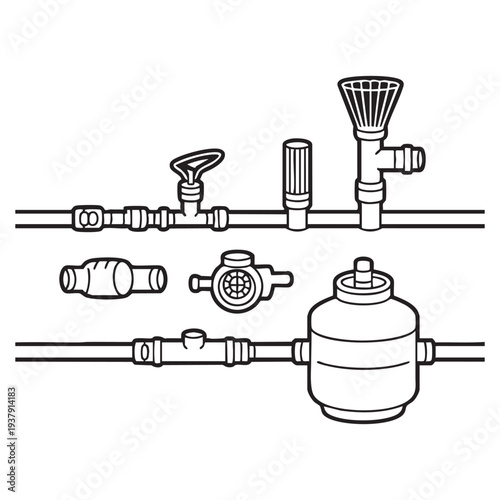 Black and white of various plumbing components and pipes faucet valve filter