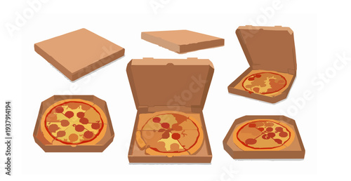 Pizza delivery cardboard box set with open and closed packaging vector illustration isolated on white