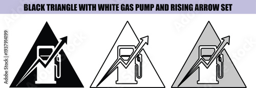Black triangle with white gas pump and rising arrow