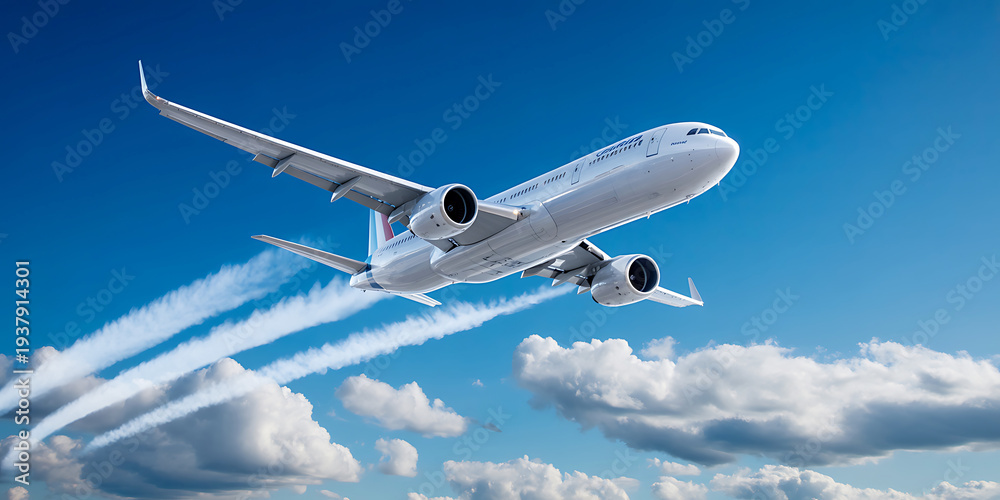 Obraz premium A commercial passenger airplane flying through a bright blue sky with fluffy white clouds and contrails visible