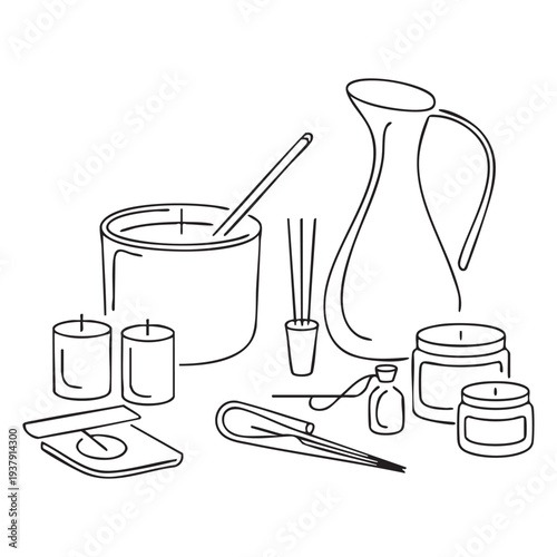 Line of candle making supplies including jars, wicks, and a pitcher line candle making