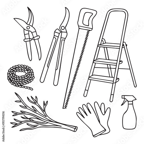 Line of gardening tools and supplies including shears, saw, ladder, rope, branches, gloves, and spray bottle