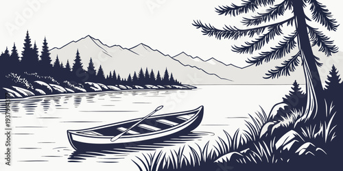 A serene winter scene with a canoe on a calm lake surrounded by snow-covered trees. Vector