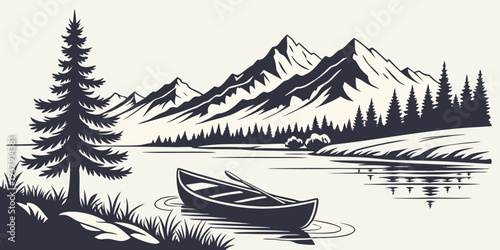 Majestic mountain range with a serene lake and pine trees in the foreground Vector