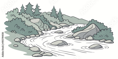 A serene mountain landscape with a winding river and lush greenery under a clear sky. Vector
