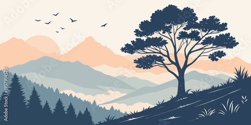 Majestic tree standing tall amidst a serene mountain landscape with a clear blue sky Vector