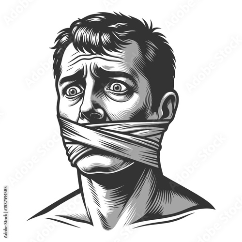 frightened man with tape covering his mouth, symbolizing censorship, silencing speech, repression, and lack of freedom of expression sketch engraving generative ai vector illustration. Black and white