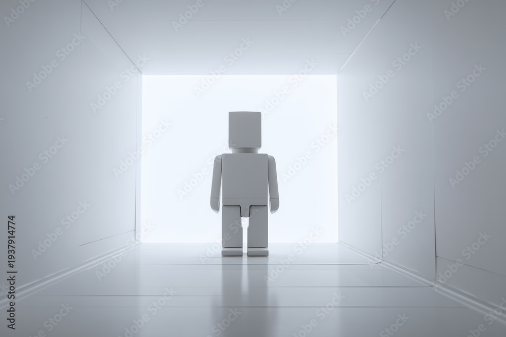 Fototapeta premium Small White Figure in Box with Bright Light at End of Corridor