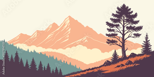 A serene landscape featuring a majestic mountain range and a tranquil forest. Vector