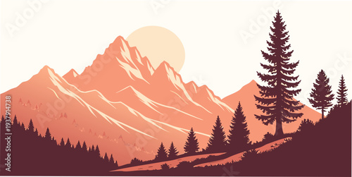 Majestic mountains rise above a serene forest landscape with a clear blue sky Vector