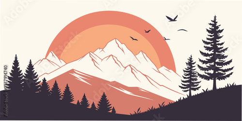 Silhouettes of birds flying over a serene mountain landscape at sunset Vector