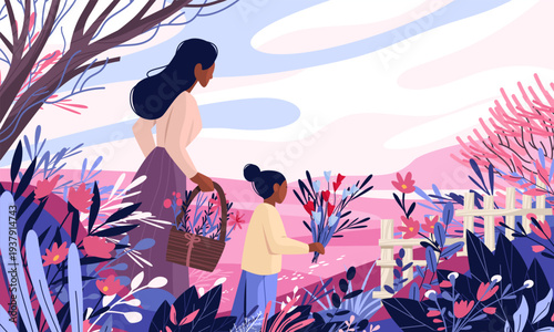 Mother's Day mother and daughter picking flowers colorful spring landscape with blooming plants basket bouquet outdoor scene website banner