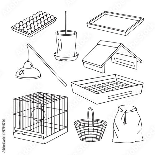 Various chicken coop and care illustrated in black and white line chicken feeder chicken waterer