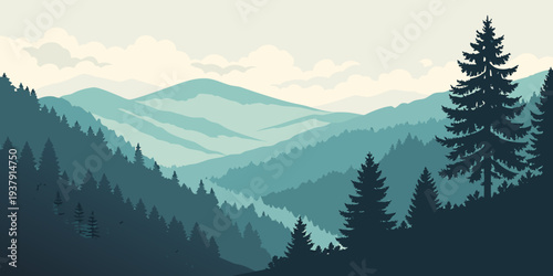 A serene view of a mountain range with a valley filled with trees and mist Vector