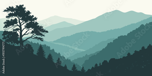 Majestic mountains and trees under a cloudy sky in a scenic landscape Vector