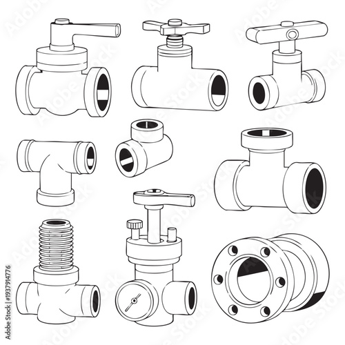 Various types of white plumbing valves and fittings in a line pipe