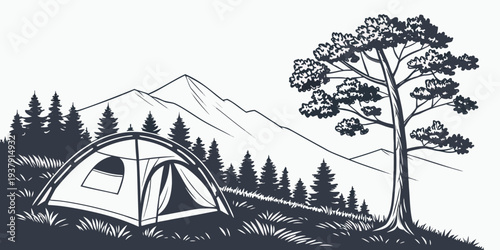 A serene campsite nestled in a forest with a tent and a hammock. Vector