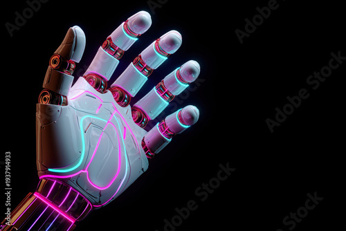 Futuristic Robotic Hand with Neon Lights Against Black Background