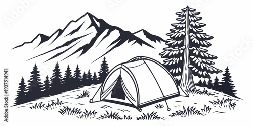 A serene mountain landscape with a tent and trees under a clear sky Vector