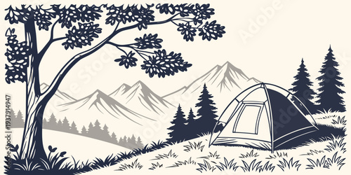 A serene landscape with mountains, trees, and a winding path under a clear sky. Vector