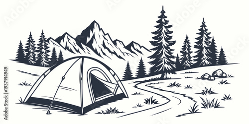 A serene campsite nestled in the heart of a mountainous forest landscape Vector