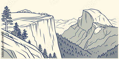 Majestic mountain peaks rise above the clouds in a breathtaking landscape. Vector