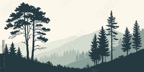 Majestic pine trees standing tall on a misty mountain ridge Vector