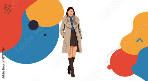 Fashionable woman walks forward wearing a tan fur coat, black skirt, and boots against a background of abstract colorful shapes.