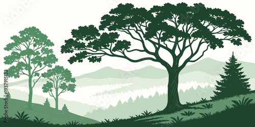 Serene landscape with three trees overlooking a tranquil valley and distant mountains Vector