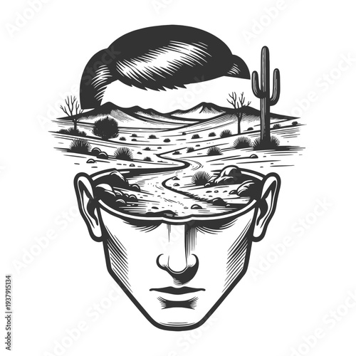 man head opened to reveal a desert landscape with cactus and winding path, inner thoughts and imagination sketch engraving generative ai vector illustration. Scratch board imitation. Black and white.