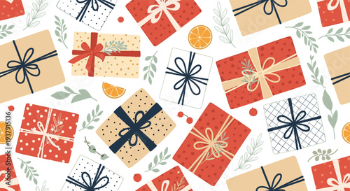 Festive seamless pattern features various colorful gift boxes wrapped in ribbons and decorated with orange slices and green leaves.
