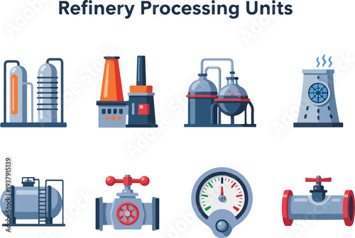 Flat illustrations of refinery processing units towers plants vessels cooling towers tanks valves a gauge and pipes