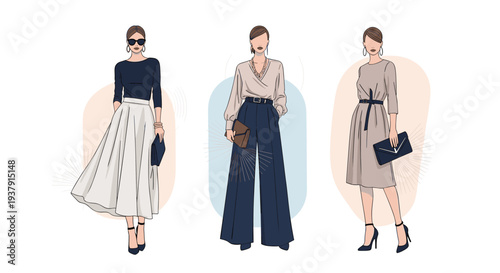 Group of three stylish women showcases modern business attire including a long skirt, wide-leg trousers, and a midi dress.