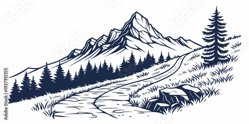 Majestic mountains tower over a serene forest landscape with a winding river Vector