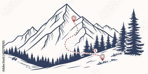 A majestic mountain range with a skier enjoying the snowy slopes and pine trees Vector