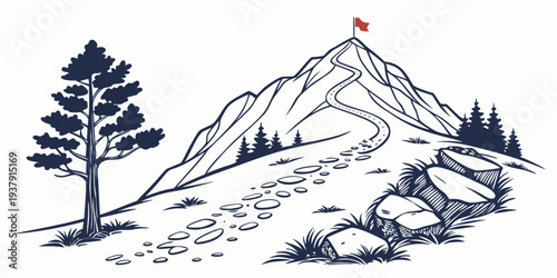 A solitary tree stands tall on a rugged mountain peak under a clear blue sky. Vector