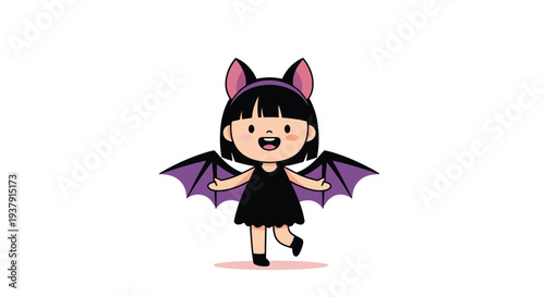 Cute little girl with black hair is dressed in a purple and black bat costume for Halloween while smiling on a white background.