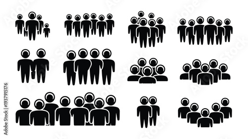 Crowd silhouette collection, many people group icons representing community, teamwork and social gathering, human stick figures for protest, rally and organization concept, clean vector design