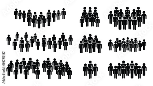 People group silhouette icons set, crowd and social teamwork concept, citizen community and company team gathering, men and women stick figures, protest and demonstration vector illustration